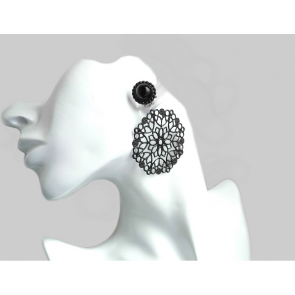 Black Round Earrings, Statement Earrings,
